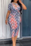 Multi-color Elegant Gradient Print Slit Zipper O Neck Wrapped Skirt Dresses