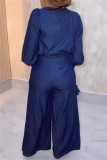 Blue Elegant Solid Color Pants Knotted Half A Turtleneck Long Sleeve Two Pieces
