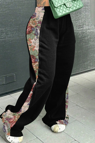 Black Casual Print Patchwork Loose Mid Waist Conventional Patchwork Bottoms