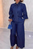 Blue Elegant Solid Color Pants Knotted Half A Turtleneck Long Sleeve Two Pieces