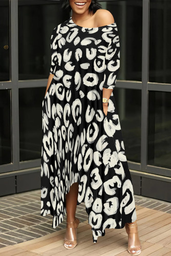 Black Casual Street Camouflage Print Snakeskin Print Pocket Irregular Contrast O Neck Irregular Dresses
