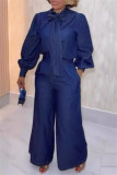 Blue Elegant Solid Color Pants Knotted Half A Turtleneck Long Sleeve Two Pieces