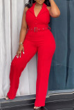 Red Business Wear Solid Color Buttons Turndown Collar Regular Jumpsuits