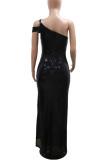 Black Elegant Solid Color Hollow Out Sequins Patchwork High Slit Oblique Collar Evening Dresses