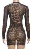 Leopard Print Sexy Print Patchwork See-Through O Neck Wrapped Skirt Dresses