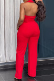 Red Business Wear Solid Color Buttons Turndown Collar Regular Jumpsuits