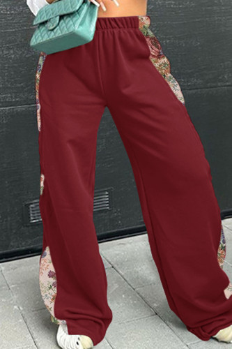 Burgundy Casual Print Patchwork Loose Mid Waist Conventional Patchwork Bottoms