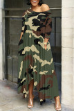 Blue Casual Street Camouflage Print Snakeskin Print Pocket Irregular Contrast O Neck Irregular Dresses