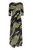 Blue Casual Street Camouflage Print Snakeskin Print Pocket Irregular Contrast O Neck Irregular Dresses
