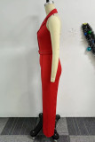 Red Business Wear Solid Color Buttons Turndown Collar Regular Jumpsuits