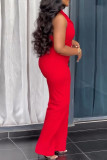 Red Business Wear Solid Color Buttons Turndown Collar Regular Jumpsuits