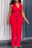 Red Business Wear Solid Color Buttons Turndown Collar Regular Jumpsuits