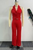 Red Business Wear Solid Color Buttons Turndown Collar Regular Jumpsuits