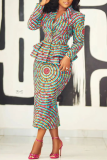 Multi-color Business Wear Print Ruffle Hem Turn-back Collar Long Sleeve Two Pieces