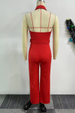 Red Business Wear Solid Color Buttons Turndown Collar Regular Jumpsuits
