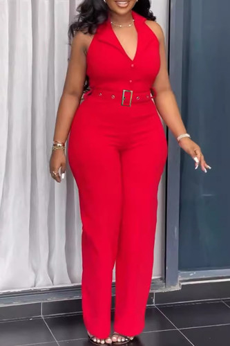 Red Business Wear Solid Color Buttons Turndown Collar Regular Jumpsuits