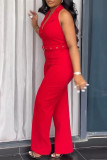 Red Business Wear Solid Color Buttons Turndown Collar Regular Jumpsuits
