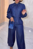 Blue Elegant Solid Color Pants Knotted Half A Turtleneck Long Sleeve Two Pieces