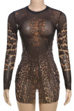 Leopard Print Sexy Print Patchwork See-Through O Neck Wrapped Skirt Dresses