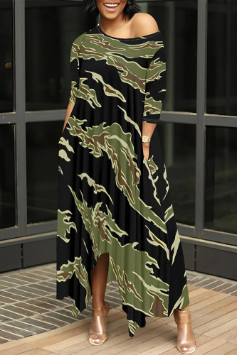 Black Green Casual Street Camouflage Print Snakeskin Print Pocket Irregular Contrast O Neck Irregular Dresses