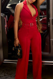 Red Business Wear Solid Color Buttons Turndown Collar Regular Jumpsuits