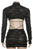 Black Sexy Solid Color Patchwork Backless Half A Turtleneck Wrapped Skirt Dresses