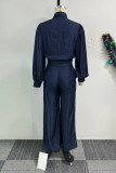 Blue Elegant Solid Color Pants Knotted Half A Turtleneck Long Sleeve Two Pieces