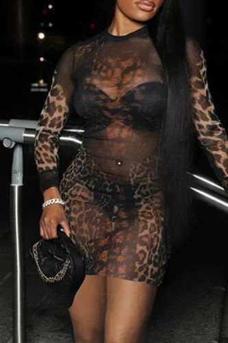 Leopard Print Sexy Print Patchwork See-Through O Neck Wrapped Skirt Dresses