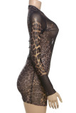 Leopard Print Sexy Print Patchwork See-Through O Neck Wrapped Skirt Dresses