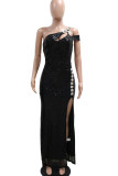 Black Elegant Solid Color Hollow Out Sequins Patchwork High Slit Oblique Collar Evening Dresses