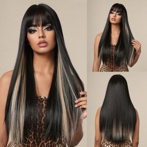 Black khaki Casual Solid Patchwork Wigs