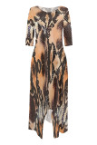 Blue Casual Street Camouflage Print Snakeskin Print Pocket Irregular Contrast O Neck Irregular Dresses