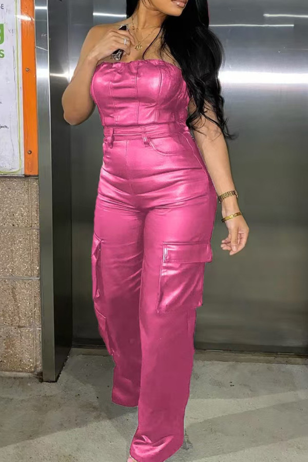 Pink Celebrities Pocket Strapless Sleeveless Skinny Wide Leg Tube Tops Jumpsuits