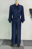 Blue Elegant Solid Color Pants Knotted Half A Turtleneck Long Sleeve Two Pieces