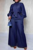 Blue Elegant Solid Color Pants Knotted Half A Turtleneck Long Sleeve Two Pieces
