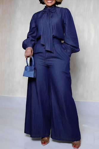 Blue Elegant Solid Color Pants Knotted Half A Turtleneck Long Sleeve Two Pieces
