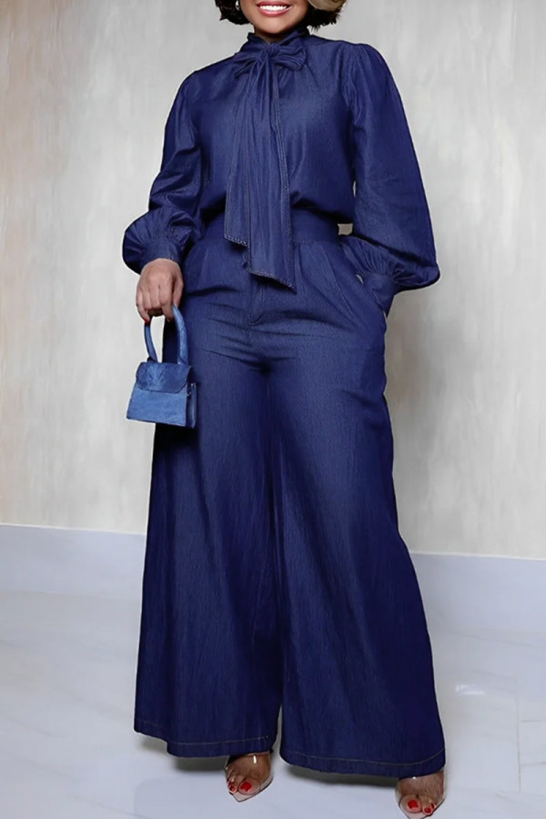 Blue Elegant Solid Color Pants Knotted Half A Turtleneck Long Sleeve Two Pieces