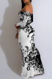 White Sexy Floral Print Ruffle Contrast Off Shoulder Long Dresses