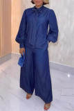 Blue Elegant Solid Color Pants Knotted Half A Turtleneck Long Sleeve Two Pieces