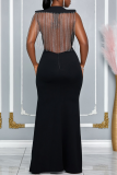 Black Formal Solid Color Fringed Trim O Neck Wrapped Skirt Dresses