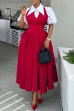 Red Puff Sleeve Shirt Collar Buttons Long Formal Party Evening A Line Pleated Maxi Dresses