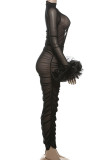 Black Sexy Solid Color Patchwork See-Through Mesh O Neck Long Dresses