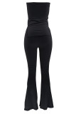 Rose Red Casual Solid Color Patchwork Backless Slit Strapless Two Pieces