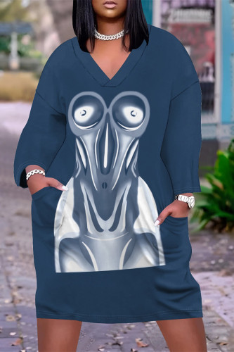 Navy Blue Casual Daily Floral Print Butterfly Pocket Contrast V Neck Printed Plus Size Dresses