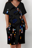 Champagne Casual Cartoon Print Flowers Pocket Contrast V Neck Printed Plus Size Dresses