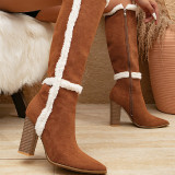 Brown Casual Patchwork Solid Color Pointed Keep Warm Out Door Shoes (Heel Height 3.94in)
