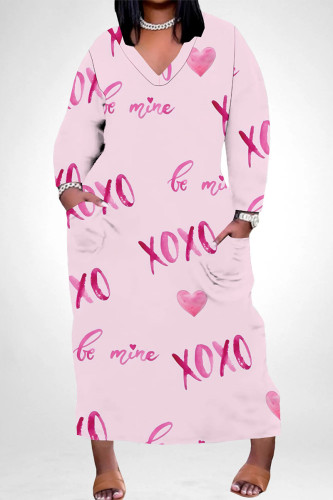 Pink Casual Graffiti Print Heart Shaped Lips Pocket Contrast V Neck Printed Plus Size Dresses