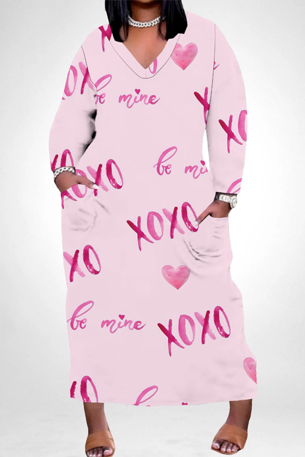 Pink Casual Graffiti Print Heart Shaped Lips Pocket Contrast V Neck Printed Plus Size Dresses