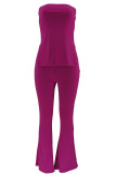 Rose Red Casual Solid Color Patchwork Backless Slit Strapless Two Pieces