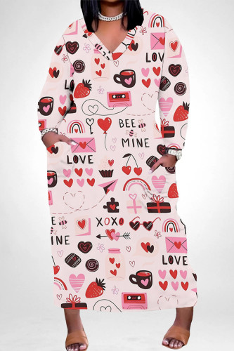 Light Pink Casual Graffiti Print Heart Shaped Lips Pocket Contrast V Neck Printed Plus Size Dresses